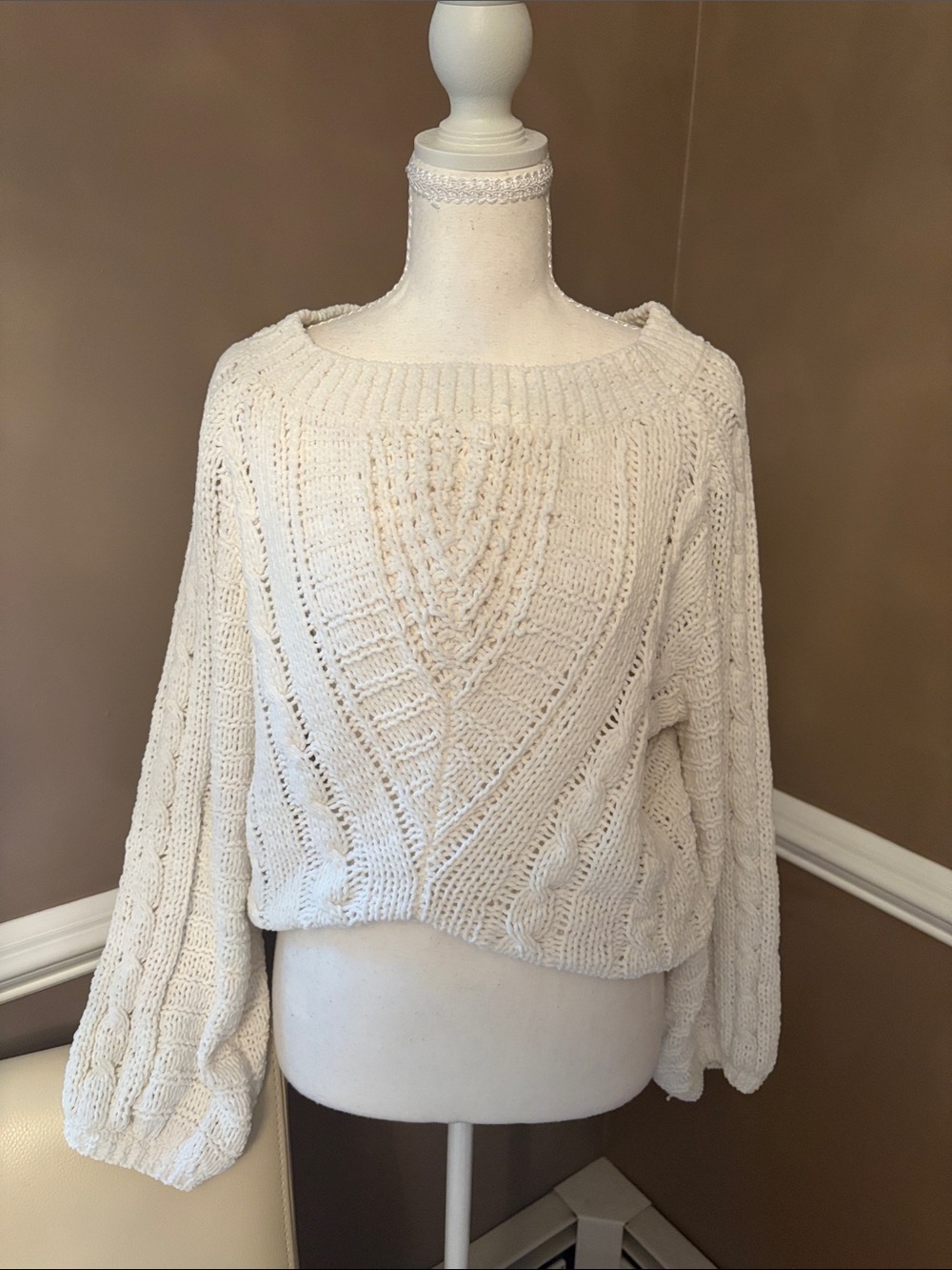 Express Cream Off-the-Shoulder Cable Knit Sweater